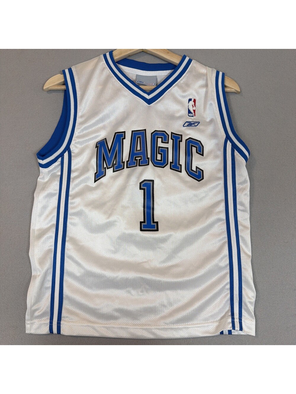 Vintage Orlando Magic Jersey Kids Medium Tracy McGrady #1 Reebok White NBA Mesh